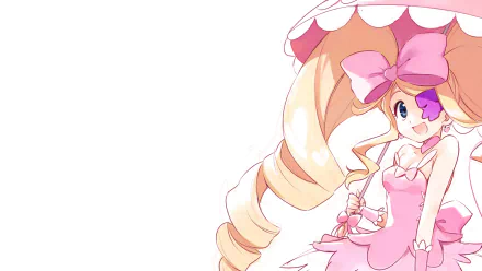 Nui Harime from Kill La Kill in a vibrant anime-style HD desktop wallpaper with a pink dress and large bow, set against a clean white background.