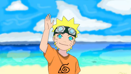 HD anime desktop wallpaper featuring Naruto Uzumaki waving on a bright beach with blue skies and ocean waves in the background.