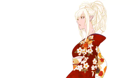 Anime HD PC desktop wallpaper from the Monogatari series: side profile of a pale blonde woman in a red floral kimono against a white background.