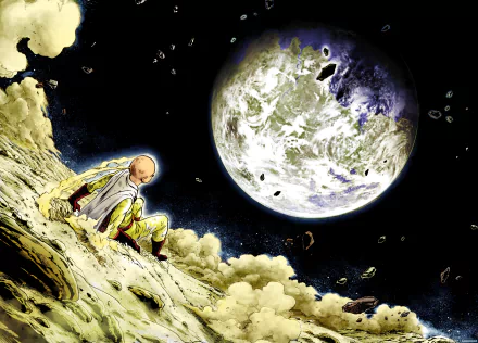 HD desktop wallpaper featuring Saitama from One-Punch Man in space, seated on an asteroid, gazing at a distant planet.