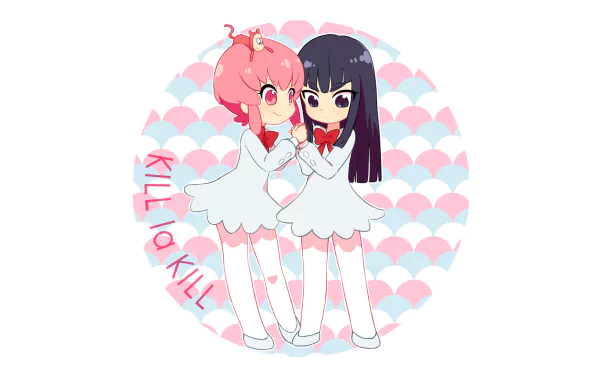 Chibi-style Satsuki Kiryūin and Nonon Jakuzure from Kill La Kill, set against a pastel pink and blue scalloped background in this HD anime desktop wallpaper.