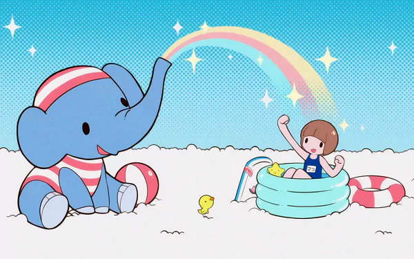 HD PC desktop wallpaper/background: Mako Mankanshoku (Kill La Kill) — chibi anime Mako waving from a kiddie pool as a striped elephant sprays a rainbow, tiny chick on white sand sky.