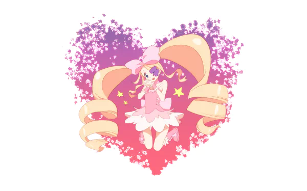 HD PC wallpaper of Nui Harime (Kill la Kill) in a pink frilly dress, floating inside a heart-shaped pink-purple splash with stars and long spiral blonde pigtails.