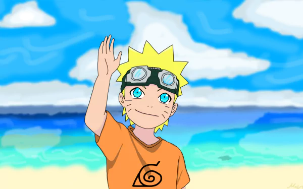 HD anime desktop wallpaper featuring Naruto Uzumaki waving on a bright beach with blue skies and ocean waves in the background.