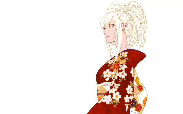 Anime HD PC desktop wallpaper from the Monogatari series: side profile of a pale blonde woman in a red floral kimono against a white background.