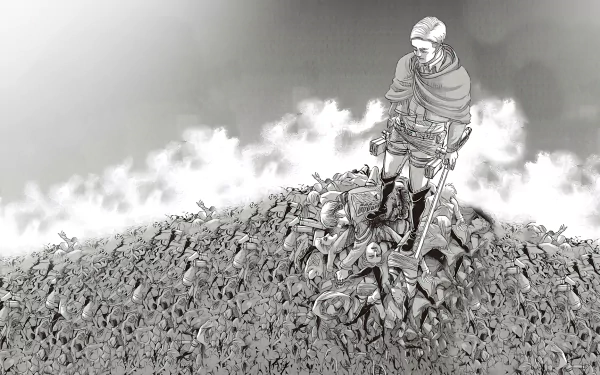 Erwin Smith from Attack on Titan stands resolutely atop a heap of defeated Titans in this striking HD anime desktop wallpaper.