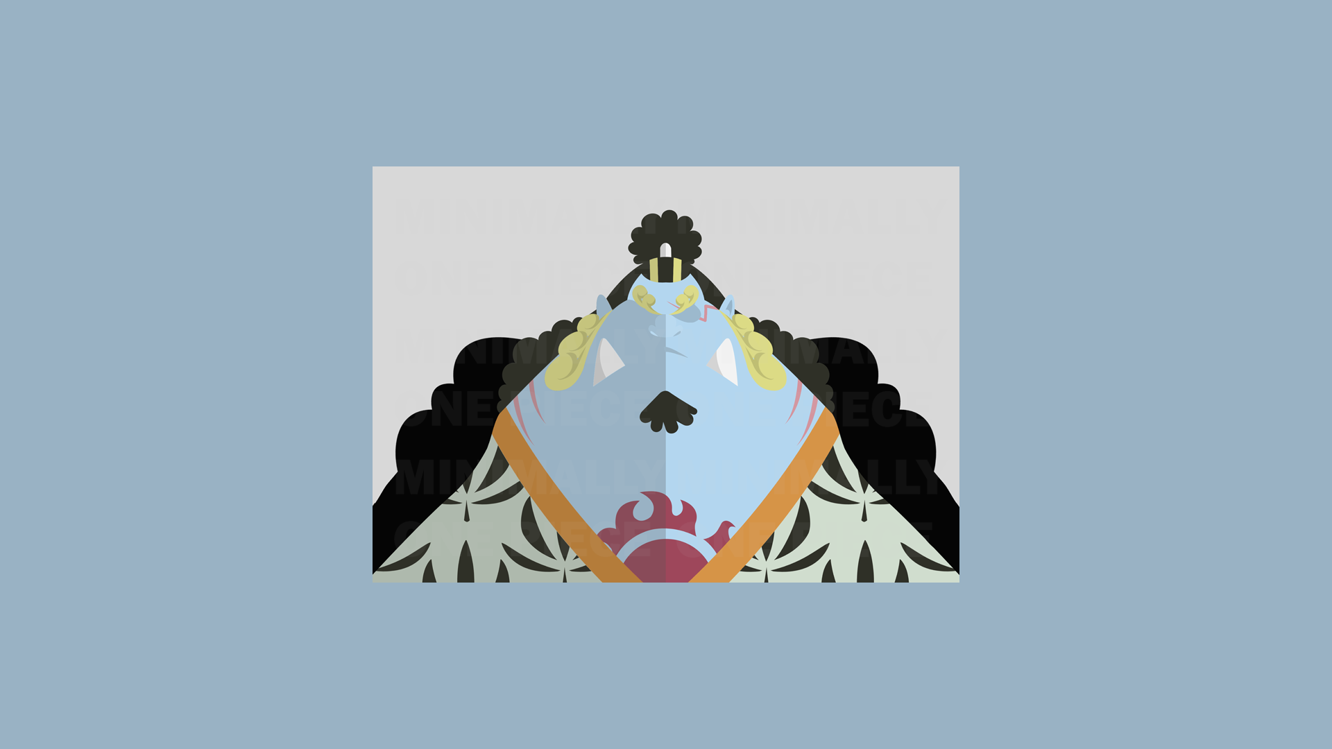 HD PC desktop wallpaper featuring Jinbe from the anime One Piece in a stylized, minimalist design with a calm blue and neutral background.