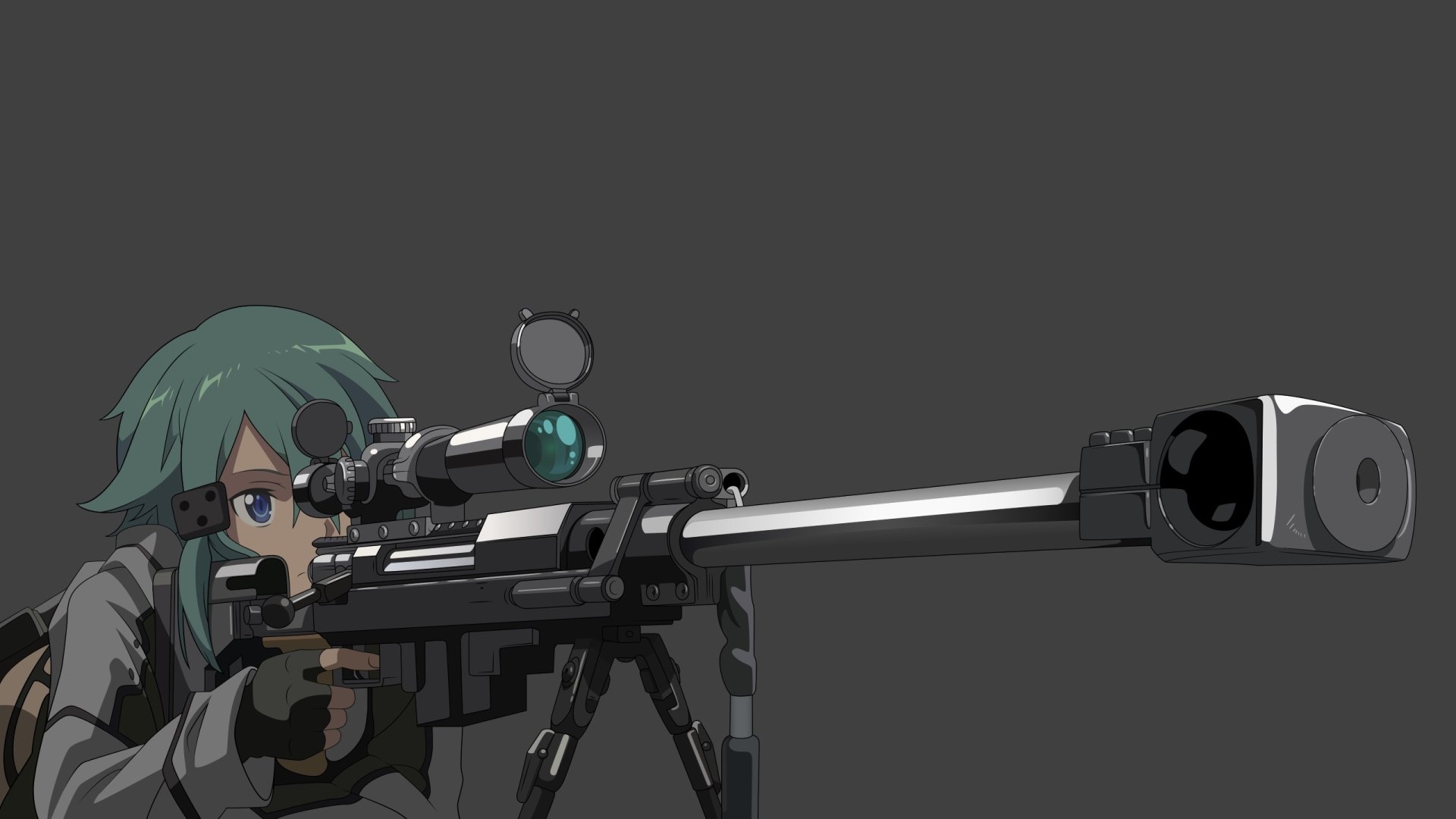 HD PC desktop wallpaper featuring an anime character from Sword Art Online II aiming through a sniper rifle scope against a dark background.