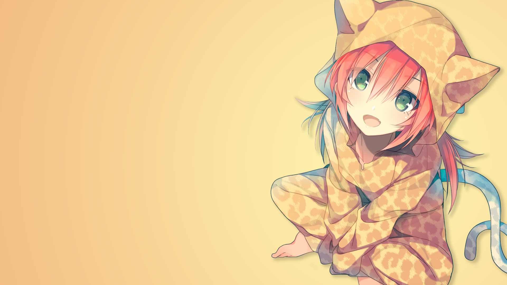 Anime Inazuma Eleven character with pink hair and teal eyes in a giraffe-print cat-hood onesie, sitting on a warm yellow backdrop — 2K Quad HD PC desktop wallpaper background.