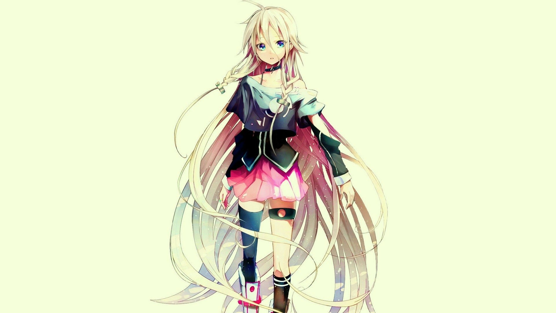 HD PC desktop wallpaper featuring IA from Vocaloid, depicted in vibrant anime style with flowing hair and detailed outfit against a light background.