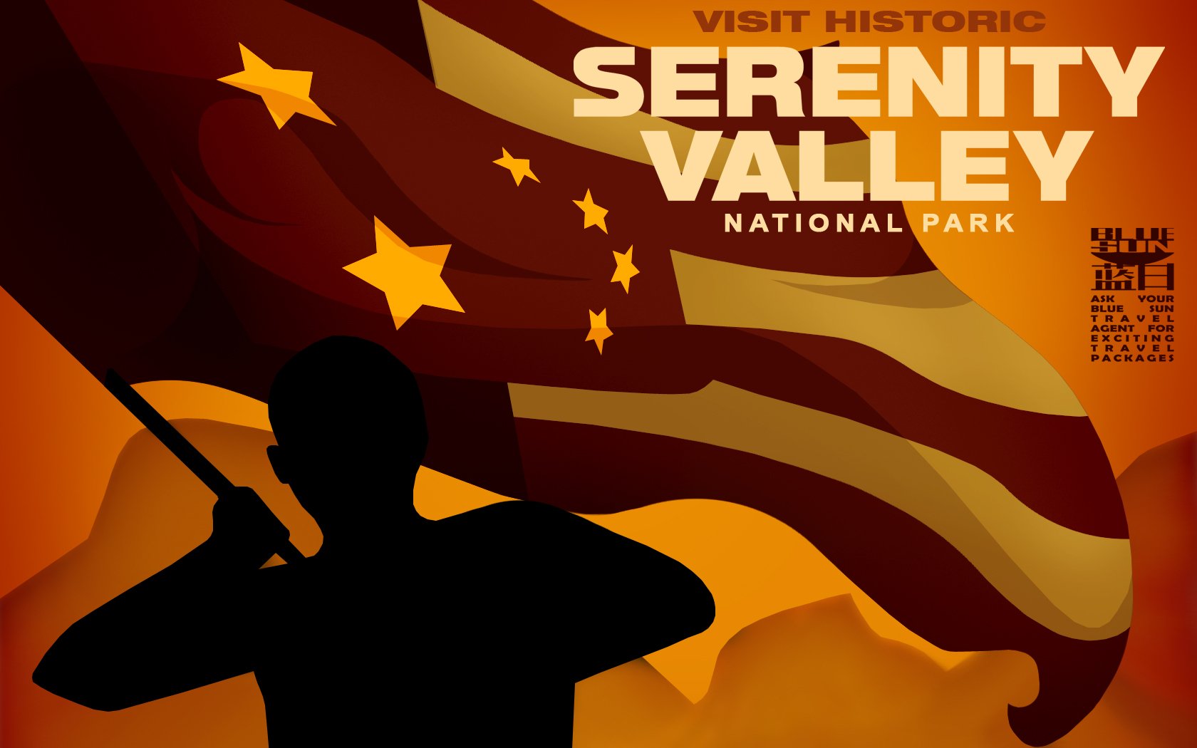 HD PC desktop wallpaper/background (Misc, flag): dark silhouette holding a waving stars-and-stripes flag against warm orange-red hills, with Visit Historic Serenity Valley National Park text.