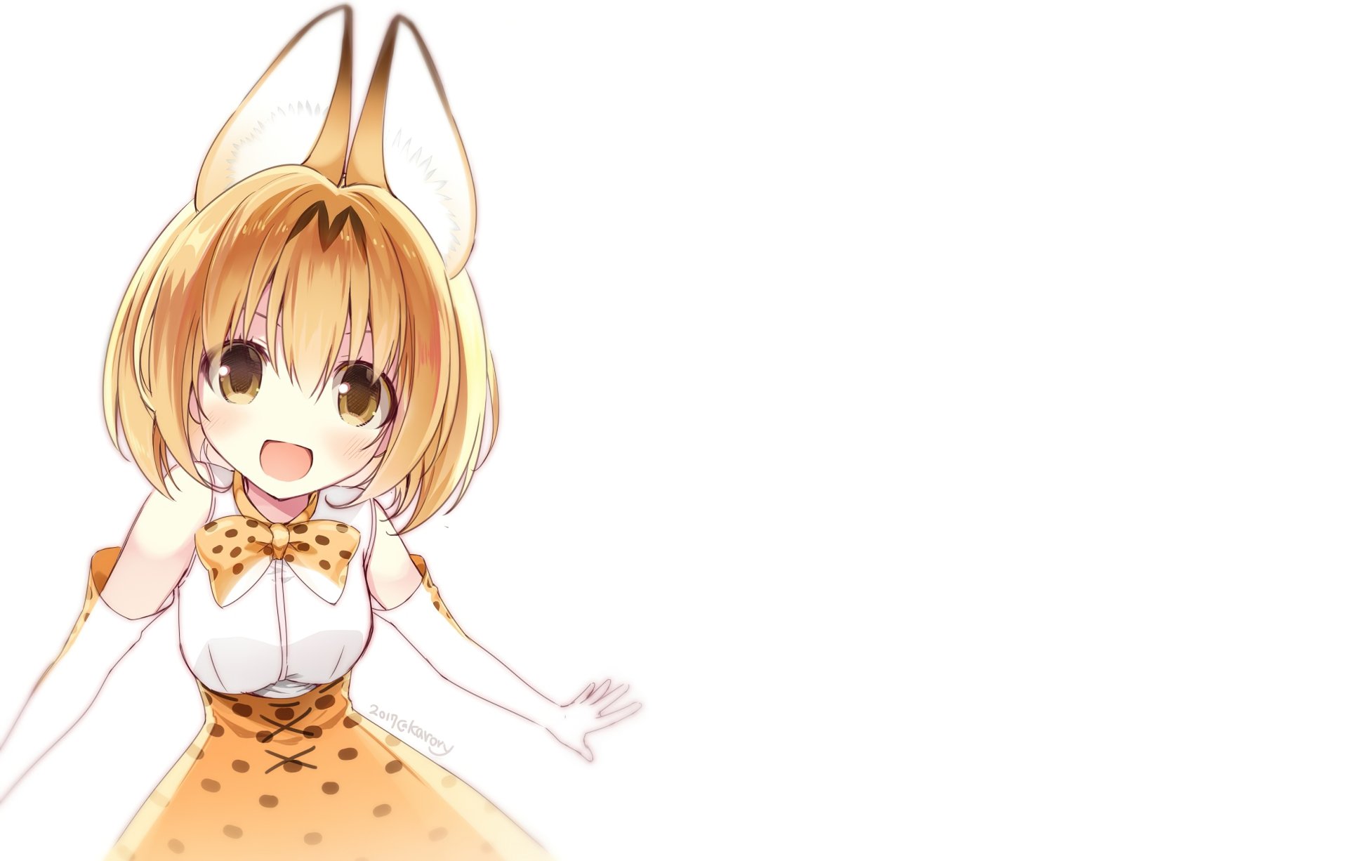 Serval (Kemono Friends) anime character smiling at left on white background, Kemono Friends artwork rendered as a 2K Quad HD PC desktop wallpaper and background.