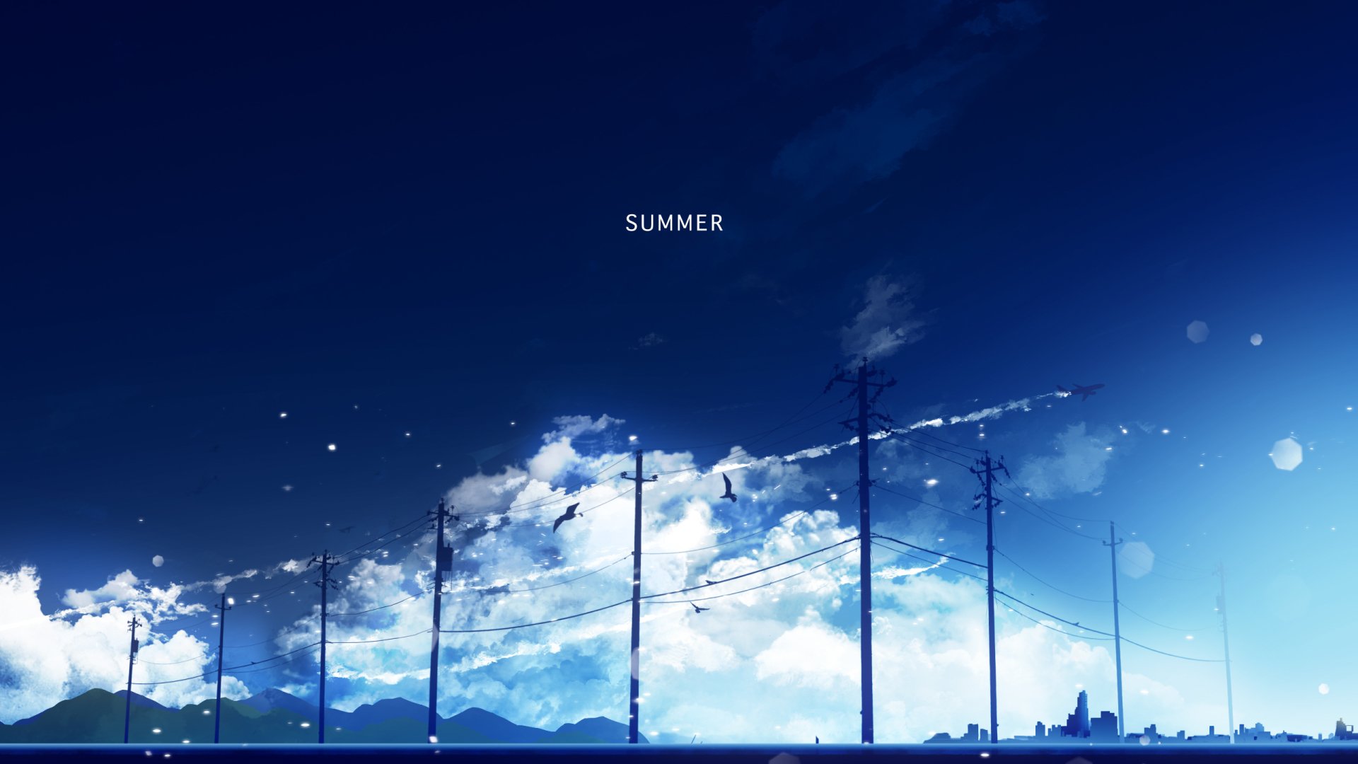 HD anime desktop wallpaper featuring a city skyline with mountains, silhouetted trees, a bird flying, and a vibrant blue sky with clouds, evoking a serene summer atmosphere.