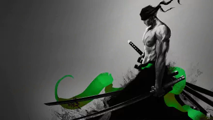 HD desktop wallpaper of Roronoa Zoro from the anime One Piece, showcasing a dynamic monochrome design with green elements and Zoro wielding his swords.