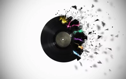 HD desktop wallpaper featuring a black music record with colorful lightning bursts and fragments exploding from one side against a white background.