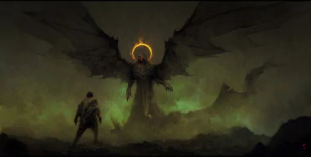 An HD wallpaper depicting a dark, winged demon with a glowing halo confronting a figure, set against a misty, ominous background.