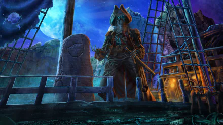 A dark fantasy HD desktop wallpaper depicting a skeleton pirate standing on a ship at night under a glowing full moon.