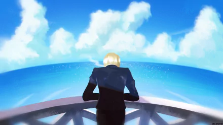 HD anime desktop wallpaper featuring Sanji from One Piece standing on a ship's deck, gazing out at the bright blue ocean and sky.