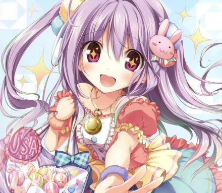 long hair bow (Clothing) bag pocket watch smile pink eyes purple hair twintails blush Anime Original HD Desktop Wallpaper | Background Image