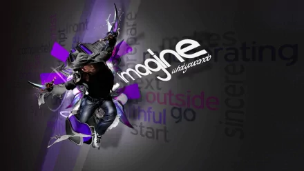 A cool man is depicted in a dynamic pose against a dark background with vibrant purple elements, featuring the word imagine prominently. This HD wallpaper adds a striking visual appeal.