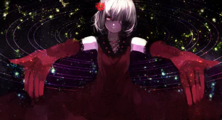 HD PC desktop wallpaper of an anime girl with short white hair and glowing red eyes, wearing a dark red dress with outstretched hands against a swirling galaxy background.