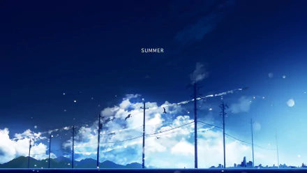 HD anime desktop wallpaper featuring a city skyline with mountains, silhouetted trees, a bird flying, and a vibrant blue sky with clouds, evoking a serene summer atmosphere.