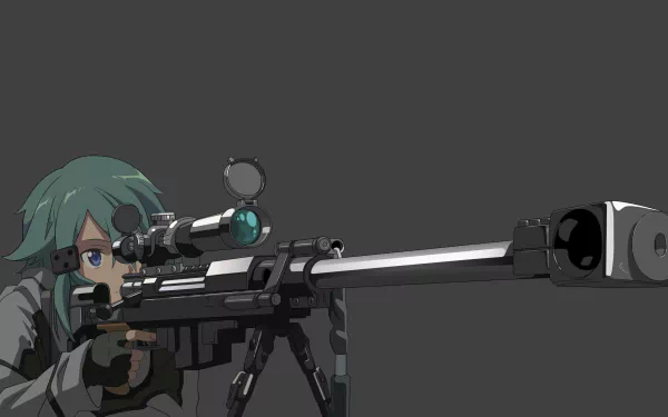 HD PC desktop wallpaper featuring an anime character from Sword Art Online II aiming through a sniper rifle scope against a dark background.