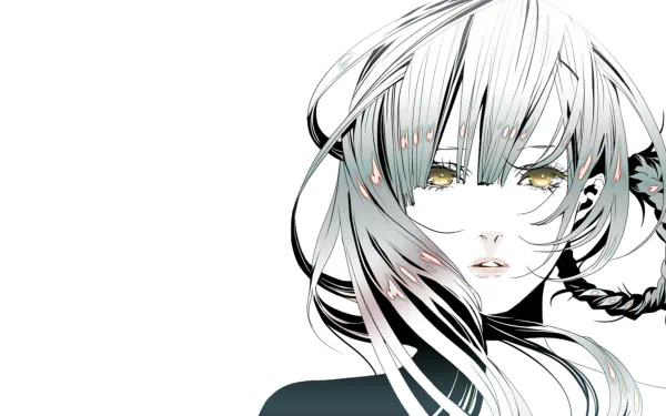 HD desktop wallpaper featuring Kainé from the video game NieR: Automata, showcasing her expressive face and flowing hair against a white background.