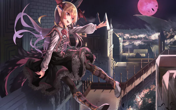 HD desktop wallpaper featuring Vania from the video game Rage of Bahamut. Set on a moonlit night over a city, Vania, a vampire, is perched gracefully with a pink moon illuminating the scene.