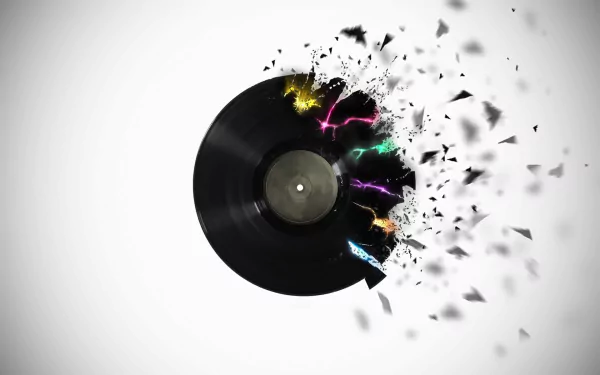 HD desktop wallpaper featuring a black music record with colorful lightning bursts and fragments exploding from one side against a white background.