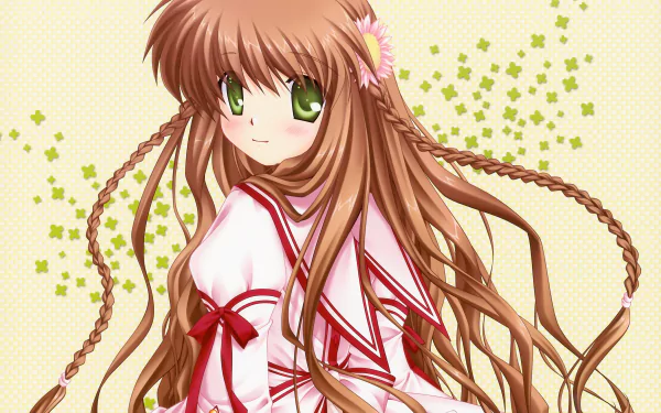 HD anime desktop wallpaper featuring Kotori Kanbe from Rewrite, with her long brown hair, green eyes, and a white and red outfit against a soft, starry background.