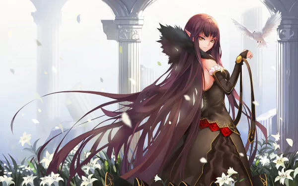 HD PC desktop wallpaper featuring Assassin of Red from Fate/Apocrypha in an elegant dark outfit, standing amid white flowers with a bright, ethereal background.