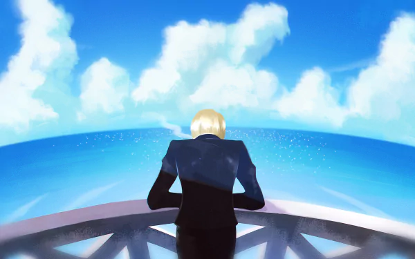 HD anime desktop wallpaper featuring Sanji from One Piece standing on a ship's deck, gazing out at the bright blue ocean and sky.