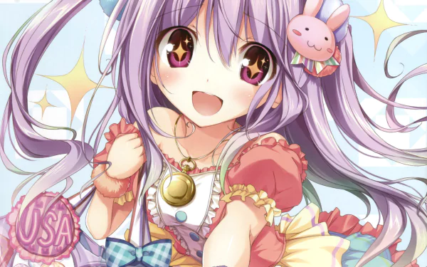 long hair bow (Clothing) bag pocket watch smile pink eyes purple hair twintails blush Anime Original HD Desktop Wallpaper | Background Image
