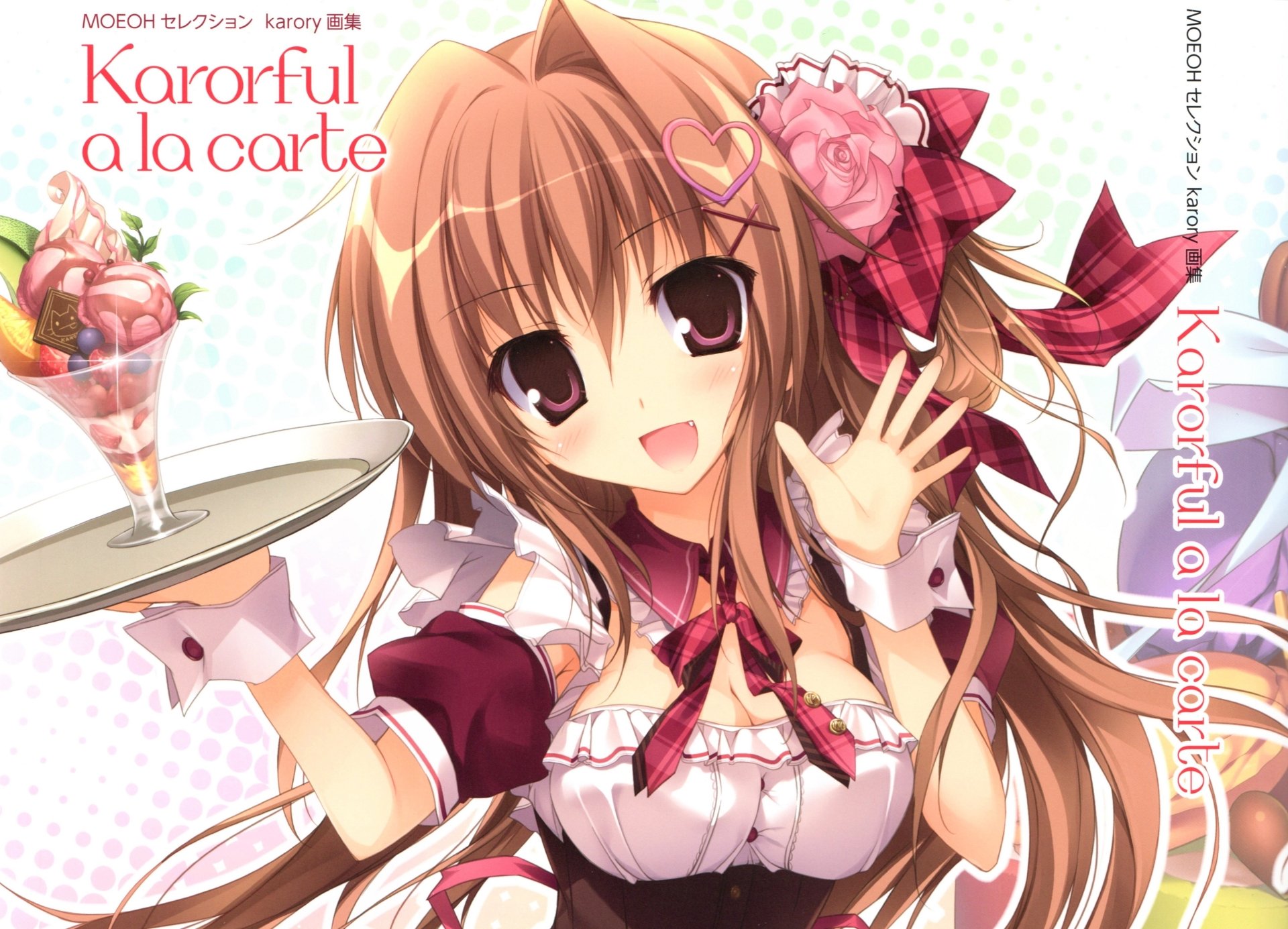 Anime girl with long brown hair and brown eyes, wearing a bow and apron, smiling while holding a tray with ice cream and rose; vibrant 4K Ultra HD desktop wallpaper.