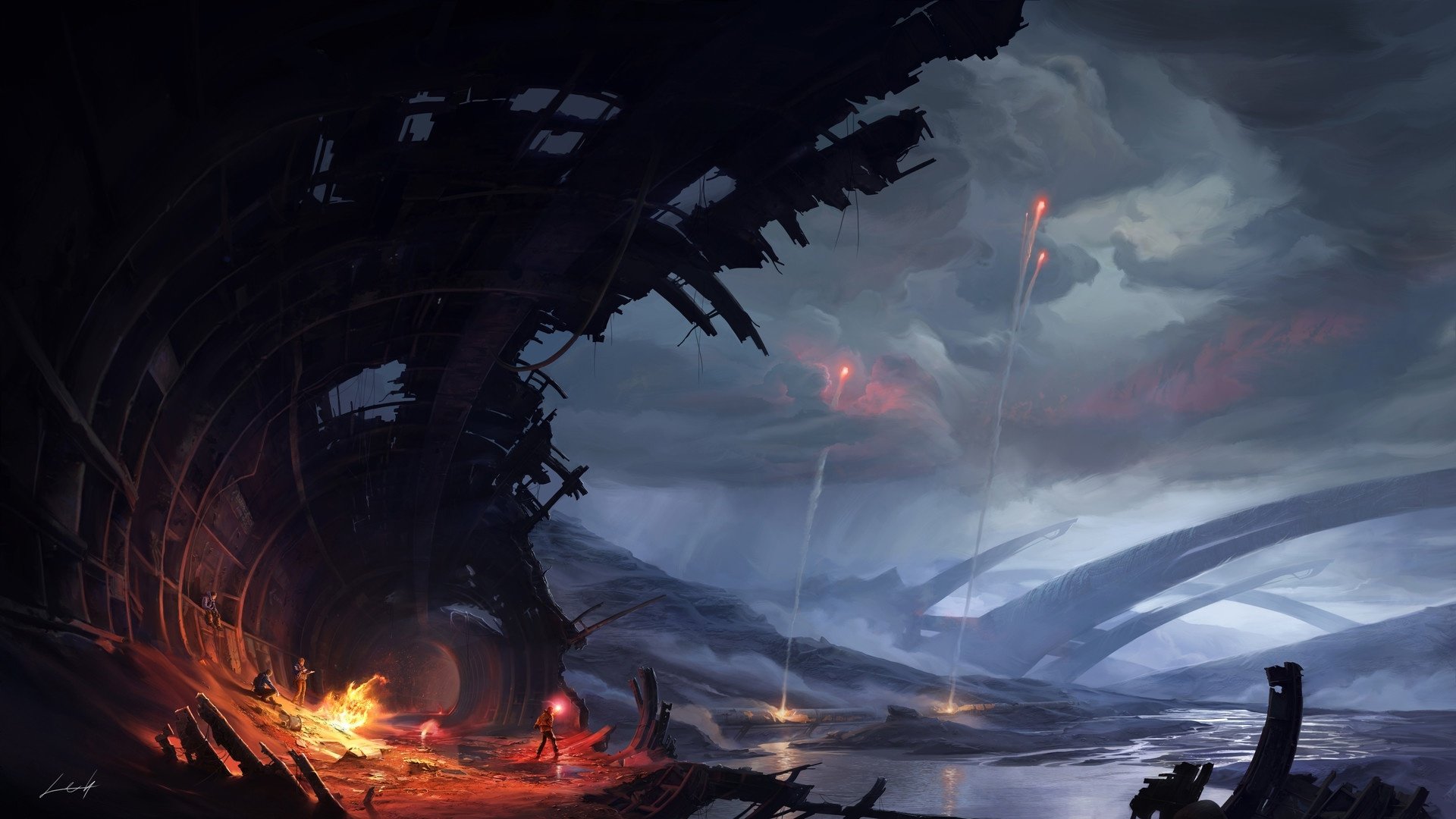 HD desktop wallpaper featuring a Sci-Fi landscape with a wreck in flames by a river under a foreboding cloudy sky, creating a dramatic and intense scene.