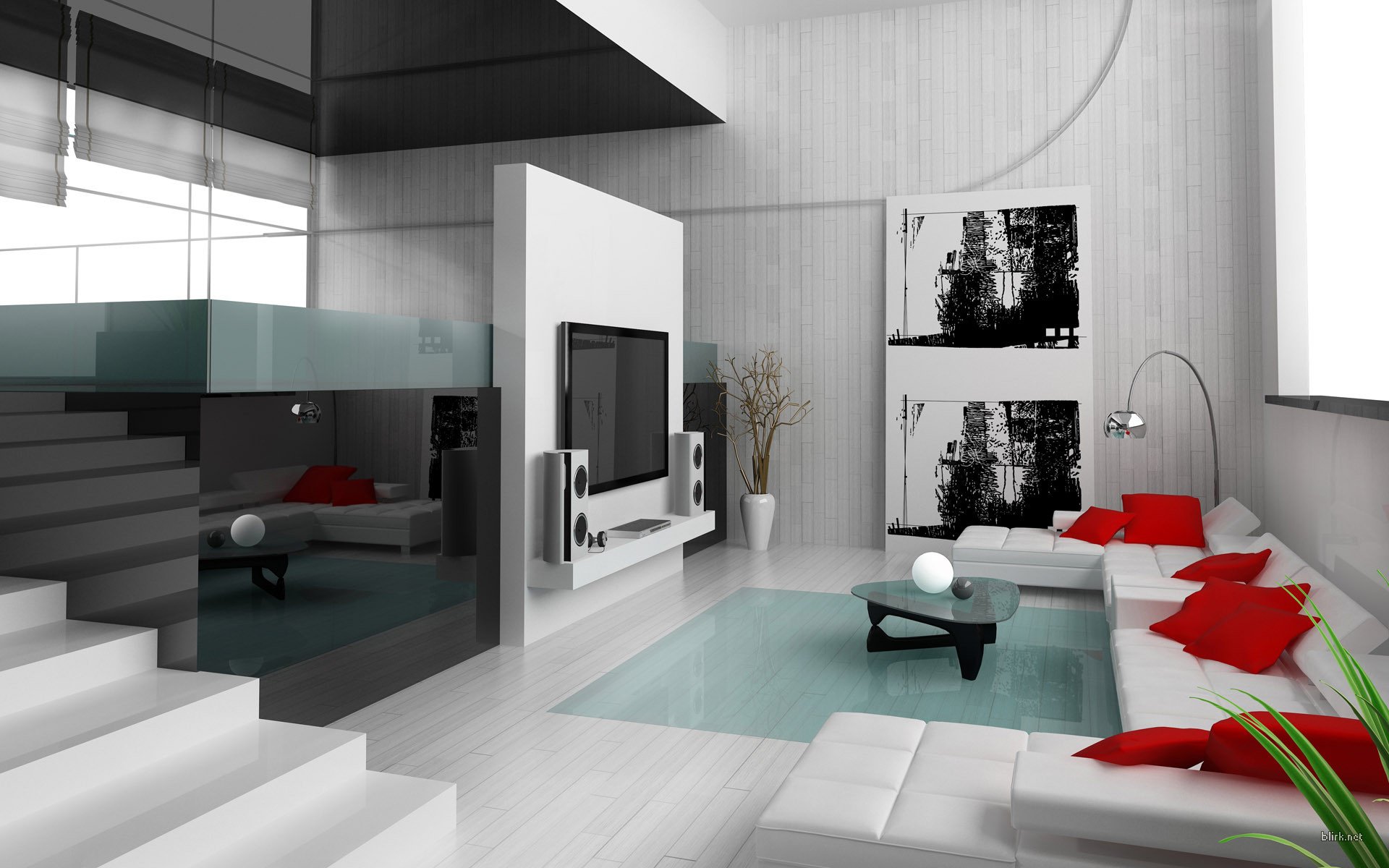 HD desktop wallpaper showing a modern, man-made room with minimalist white decor, red cushions, glass staircase, and abstract black-and-white wall art.