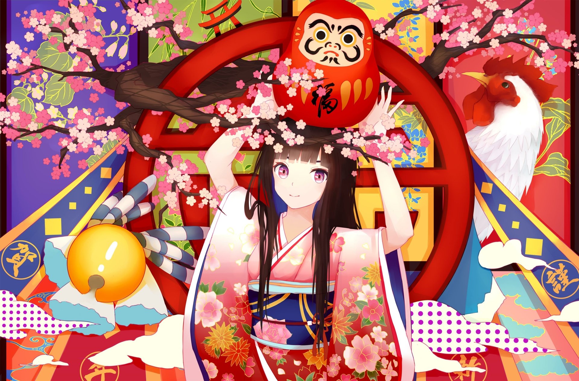 4K Ultra HD PC desktop wallpaper of an original anime girl in a floral yukata, long dark hair and purple eyes, surrounded by cherry blossoms, a daruma, rooster and festive Japanese motifs.