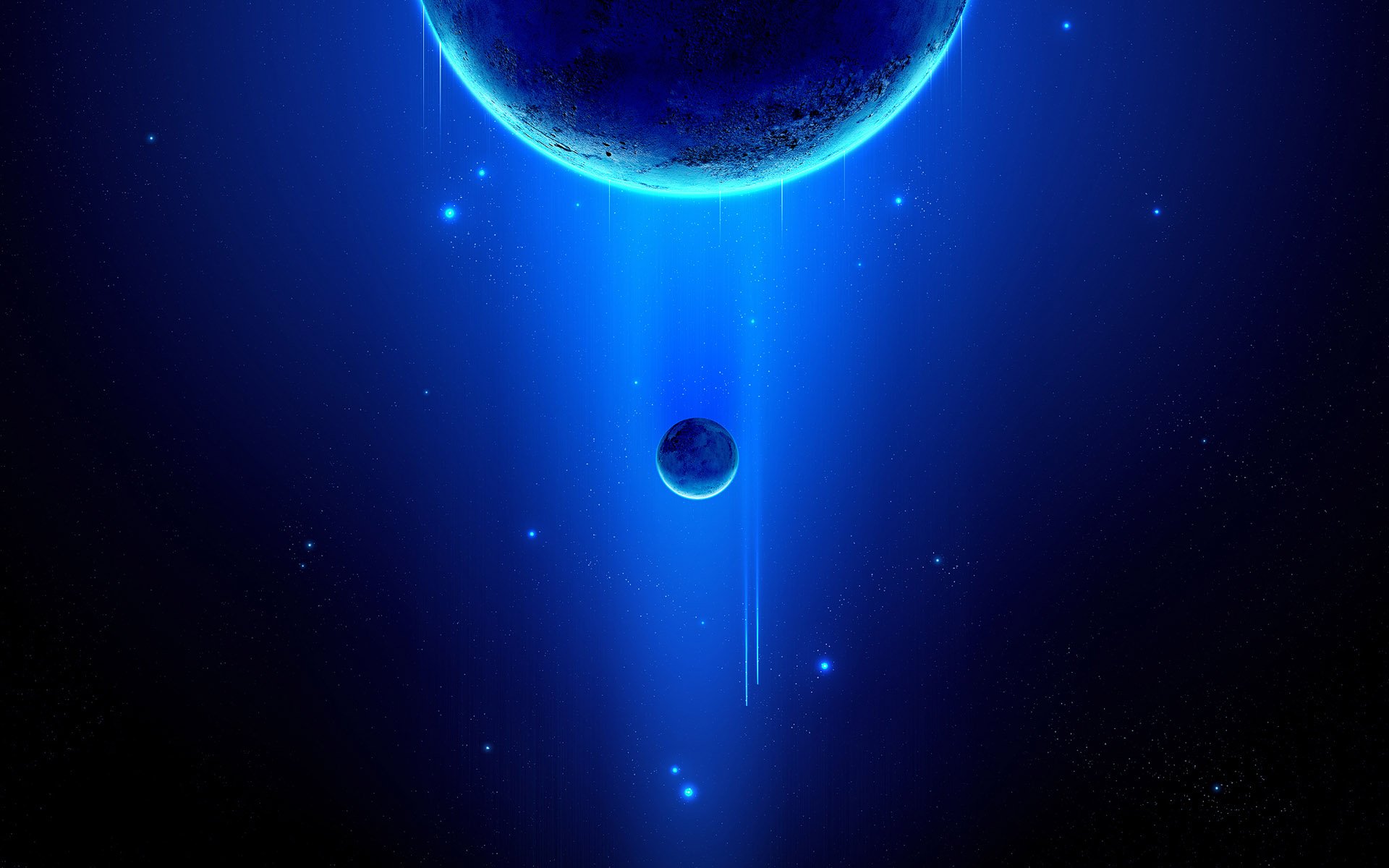 HD Sci-Fi desktop wallpaper depicting a glowing blue planet and its smaller moon set against a deep space background.