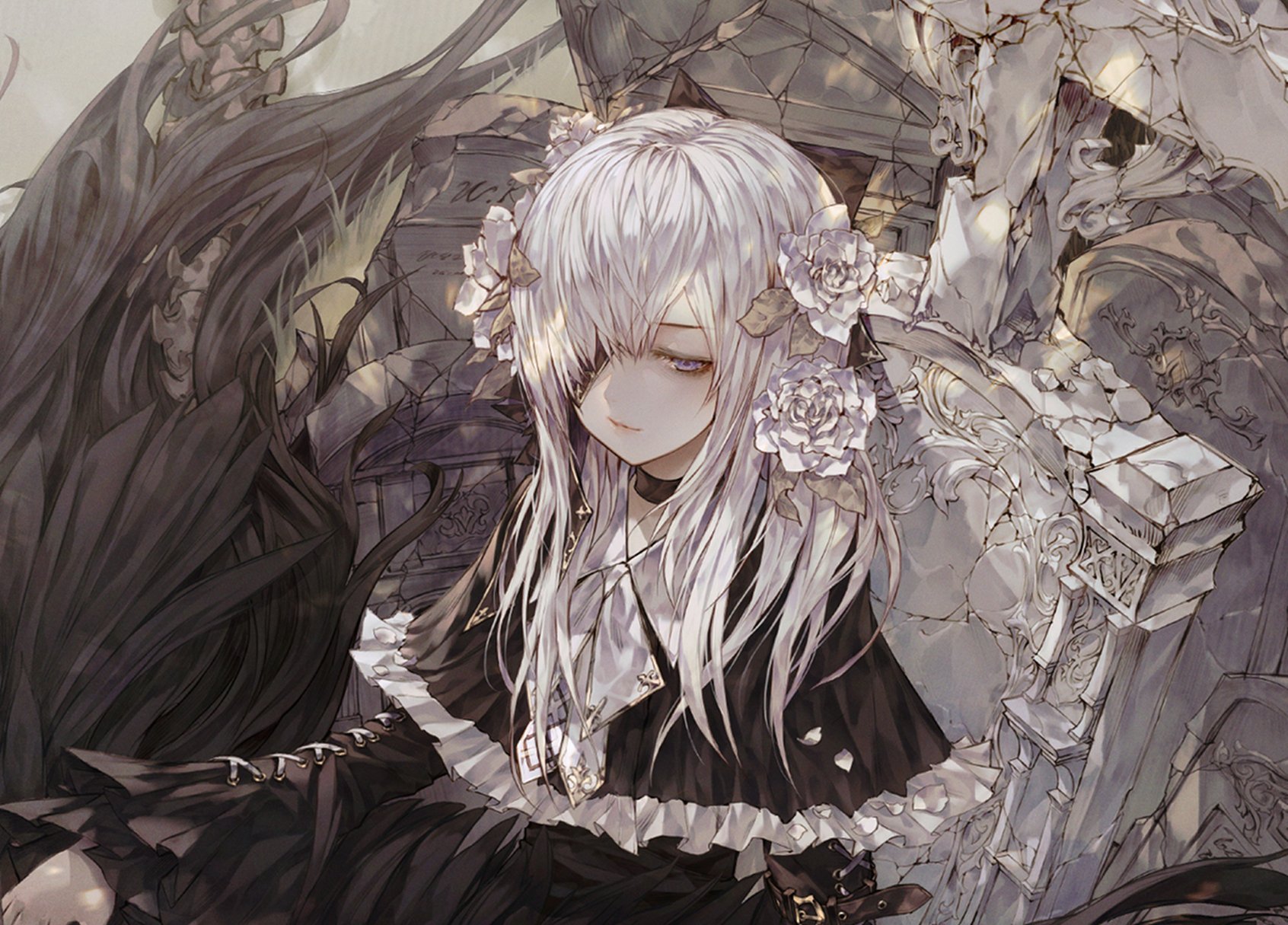 HD anime desktop wallpaper featuring an original character with white hair adorned with flowers, set against a detailed, dark, and intricate background.