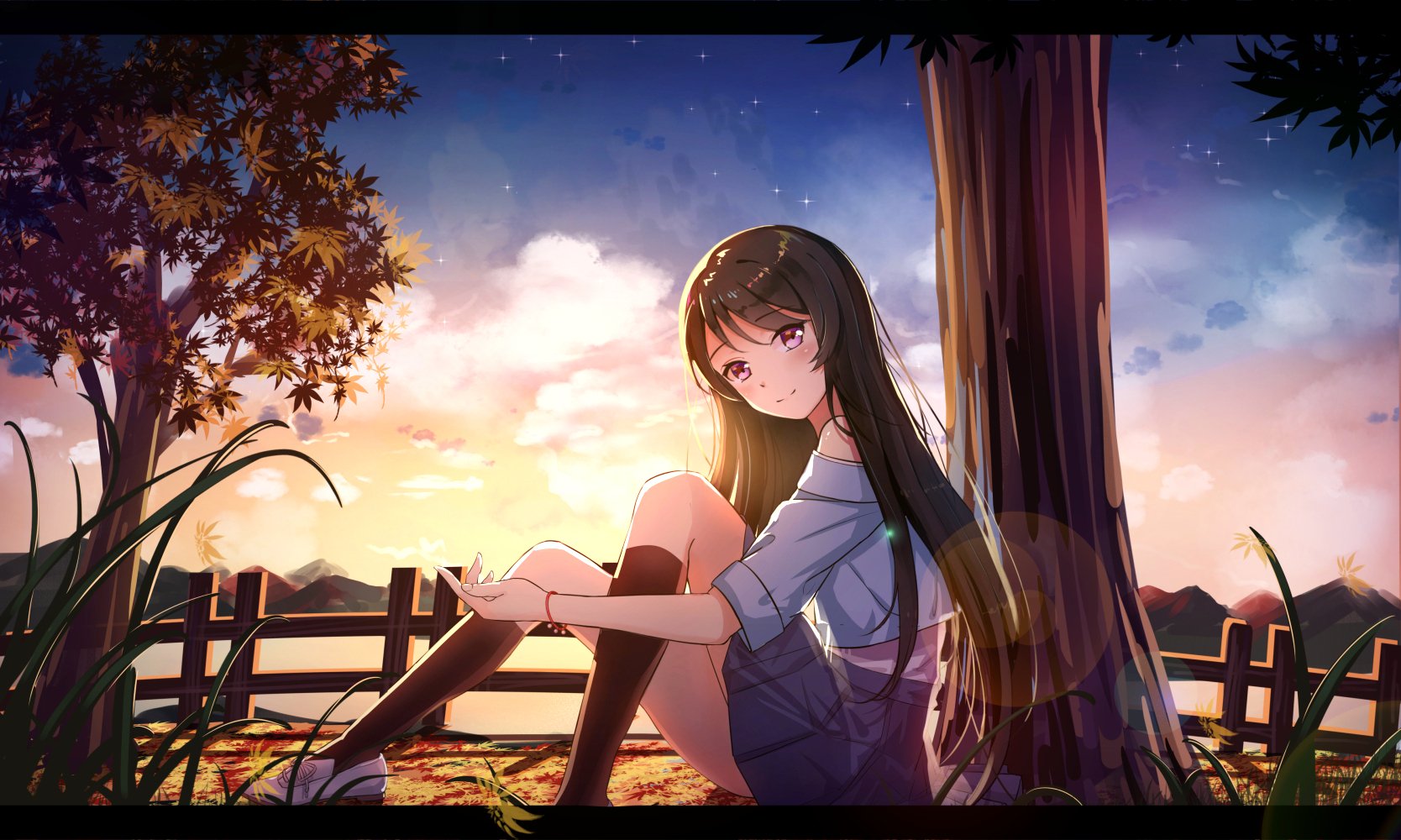 Download Mountain Tree Cloud Sky Purple Eyes Long Hair Sunset Anime ...