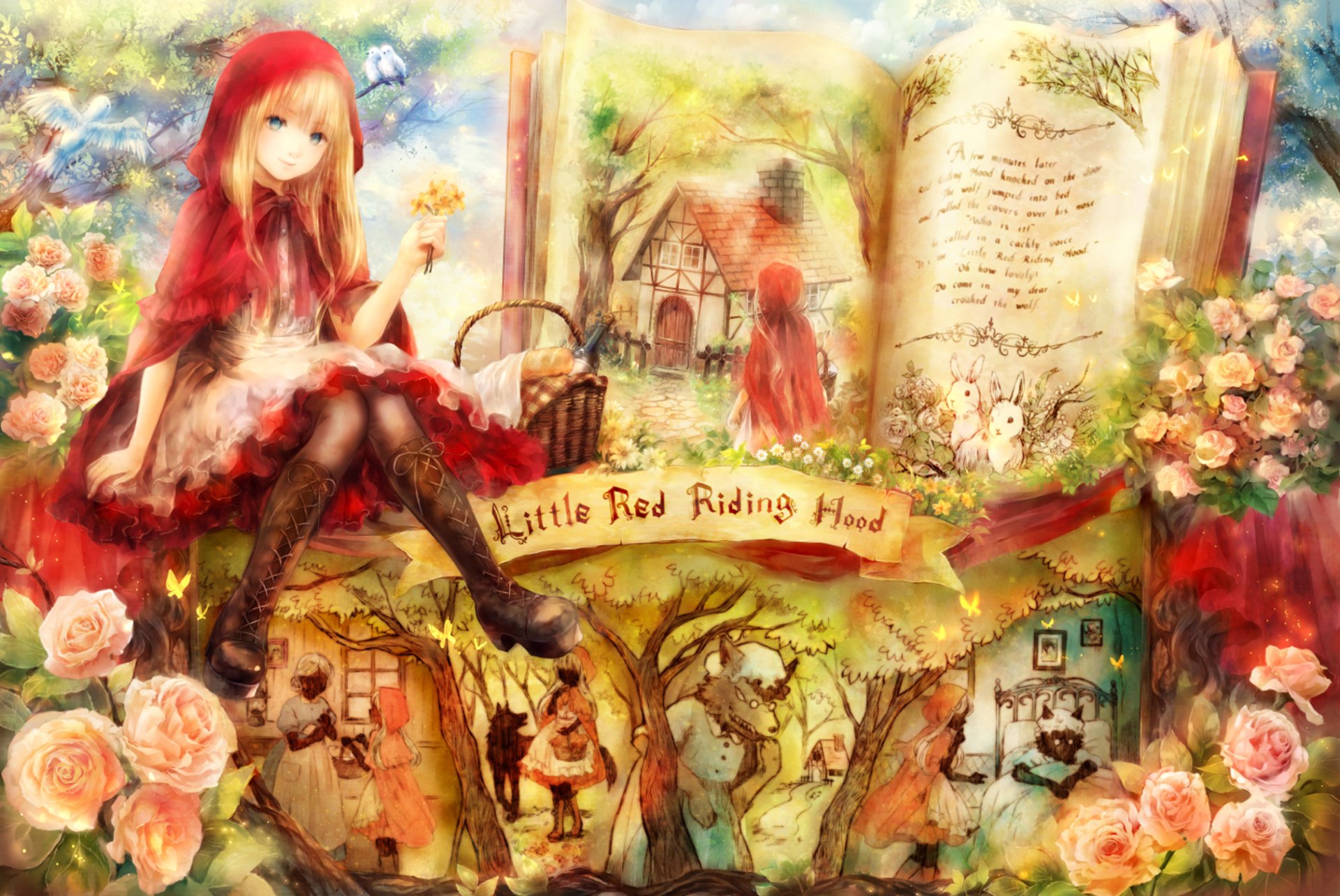 A fantasy-themed HD desktop wallpaper featuring a blonde, blue-eyed Little Red Riding Hood in a red hooded dress, surrounded by flowers and an open storybook.