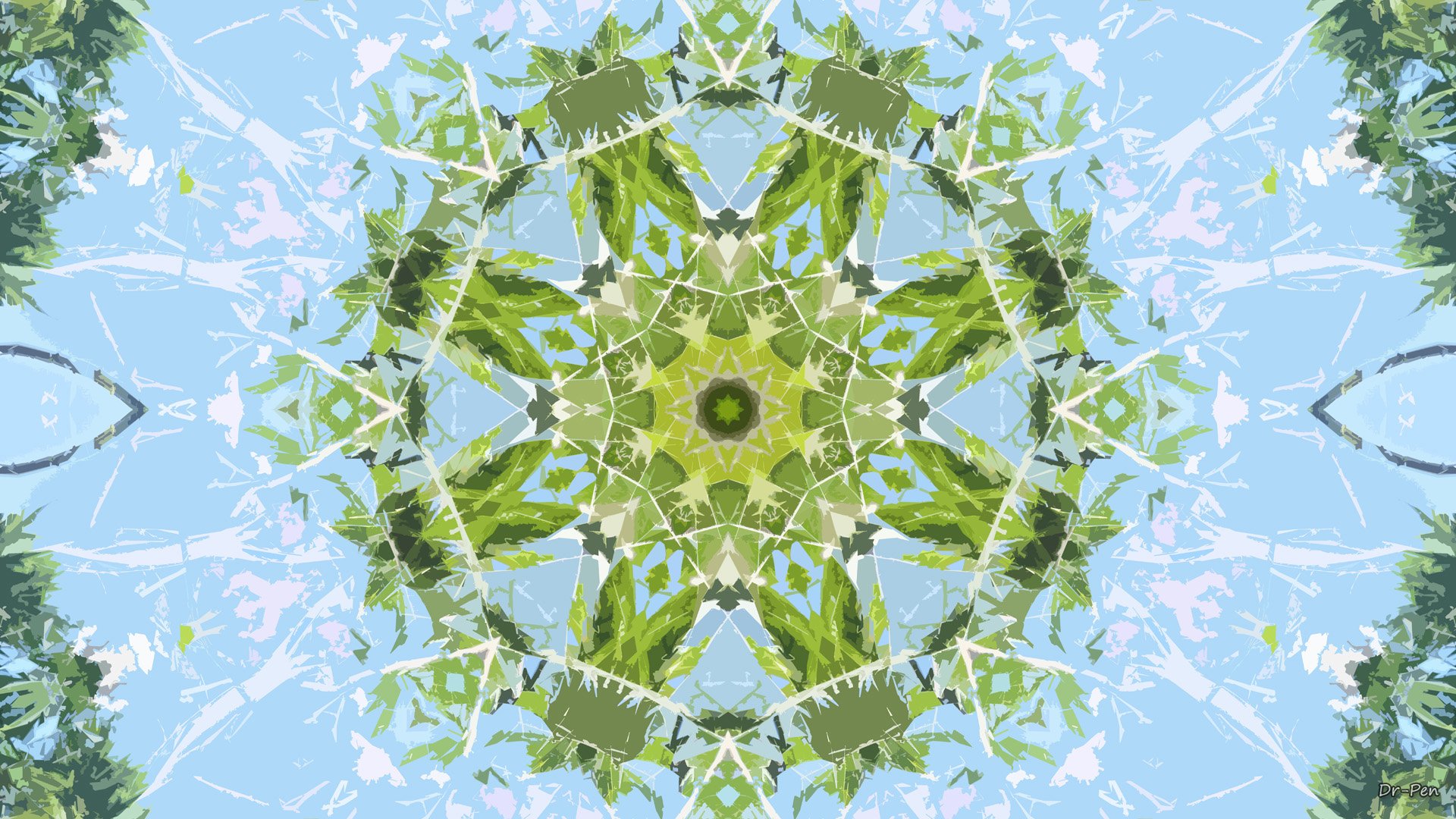 Abstract mandala manipulation: green-and-blue kaleidoscopic pattern forming a leafy starburst — HD PC desktop wallpaper background.