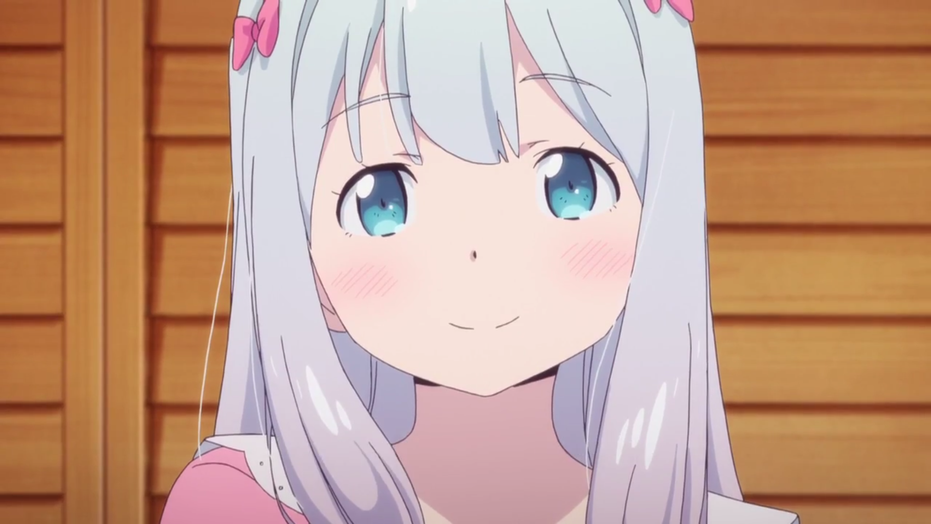 Close-up HD anime wallpaper of Sagiri Izumi with white hair, aqua eyes, and a blush, from EroManga-Sensei.