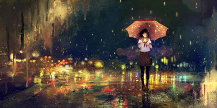 Anime-style HD desktop wallpaper of a girl holding a red umbrella in the rain, illuminated by soft city lights reflecting on wet streets.