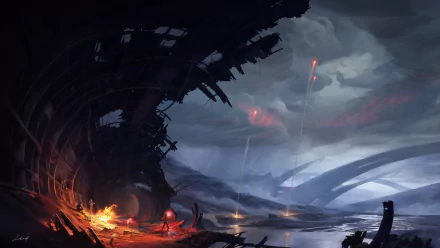HD desktop wallpaper featuring a Sci-Fi landscape with a wreck in flames by a river under a foreboding cloudy sky, creating a dramatic and intense scene.