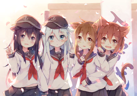 HD anime desktop wallpaper featuring Ikazuchi, Inazuma, Hibiki, and Akatsuki from Kantai Collection (Kancolle) in sailor uniforms with soft lighting.