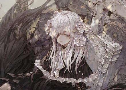 HD anime desktop wallpaper featuring an original character with white hair adorned with flowers, set against a detailed, dark, and intricate background.
