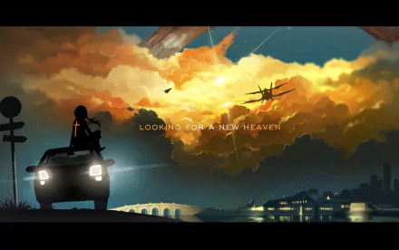 Anime-style HD desktop wallpaper depicting a sunset sky with clouds, light rays, airplanes, and a paper plane, featuring a silhouetted figure on a car.