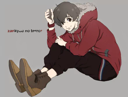 Twelve (Zankyou no Terror) from the anime, smiling in a red hoodie — minimalist HD PC desktop wallpaper/background.
